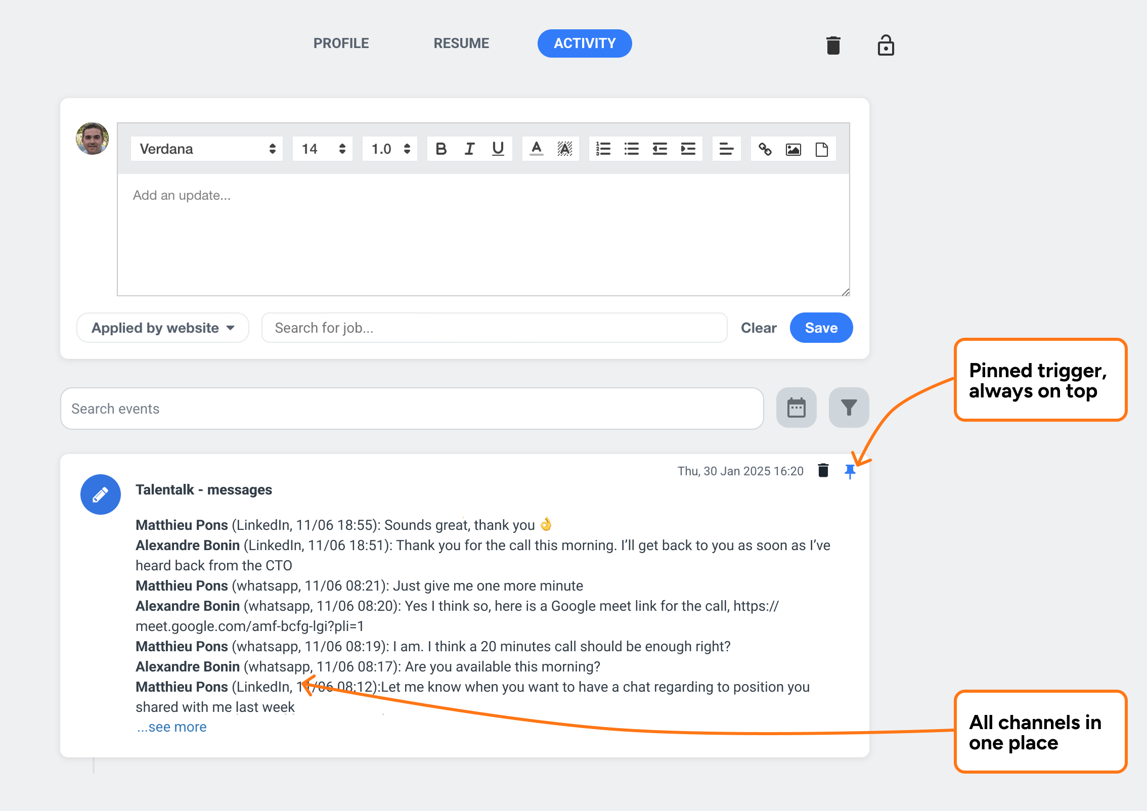 LinkedIn messages synced onto a candidate's page in Loxo