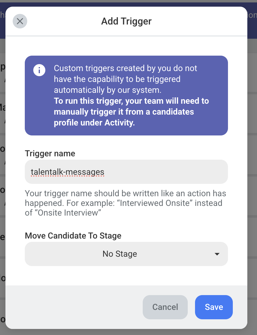 The trigger settings page in Loxo, showing where to create a new activity type